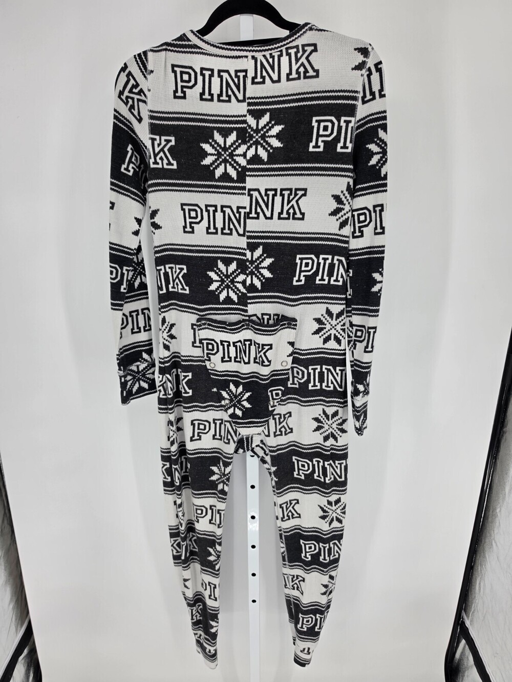 Victoria Secret Pink SLEEP ONE-PIECE Black&White Fair Isle Waffle Knit Pajama M - Picture 4 of 4